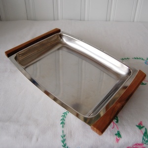 VINTAGE STAINLESS WOOD TRAY